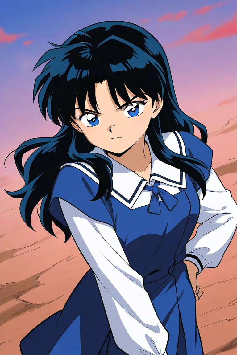 A girl that is an student. She has long wavy black hair with shiny blue eyes with blue dress uniform. She is determined, confident. Kind. inuyasha manga art style.