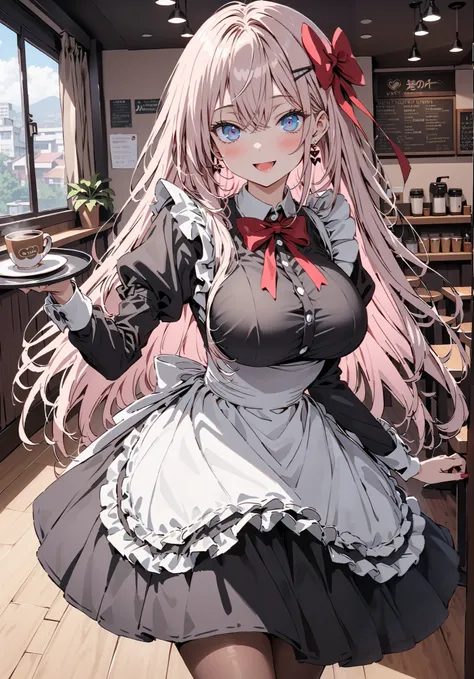  score_9,  score_8_up,  score_7_up,  source_anime,  Alisa Mikhailovna Kujo,Alone,  long hair, bangs,  blue eyes,  hair bow, stupid hair, gray hair,  red ribbon, smile,blush,open your mouth,Big Breasts,Maid服, Black long skirt, black pantyhose, stiletto heel...