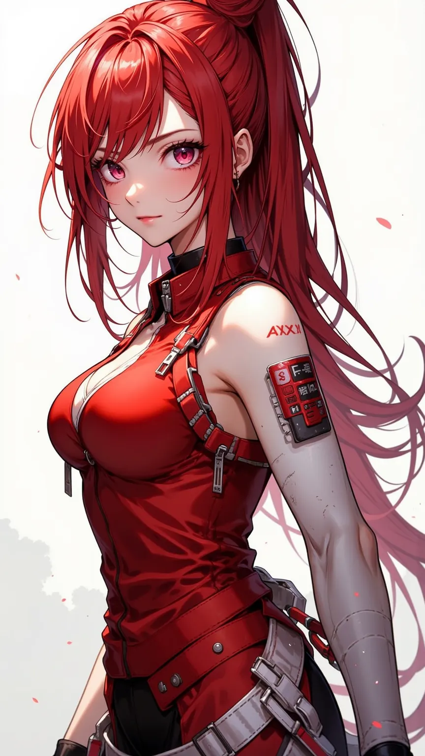 A fine digital illustration，There was a striking cyberpunk woman，with a porcelain white complexion，A long but muscular physique，and a firm confident expression。Depicted her long red hair into a high bun，Loose strands of hair around her face。She wears a red...