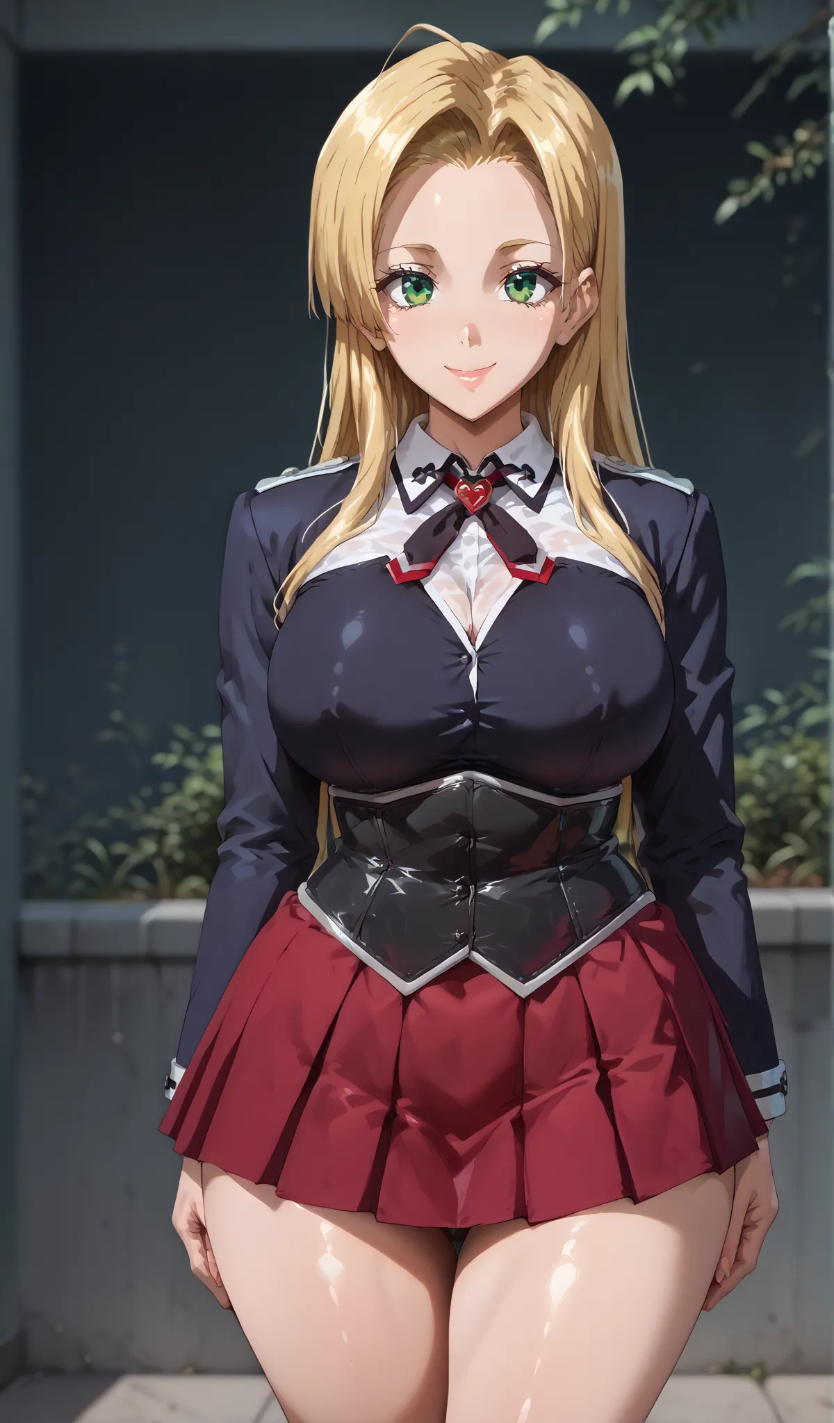 the best quality, masterpiece, 1 girl, (Alone :1.1), uniform ray tracing,  ultra detailed,titted detailed face, 8k wallpaper, wide hips,  smile, AsiaArgentonDV, 1 girl, blond hair, big breasts,  long hair,  green eyes , red skirt,  school uniform, shirt, c...