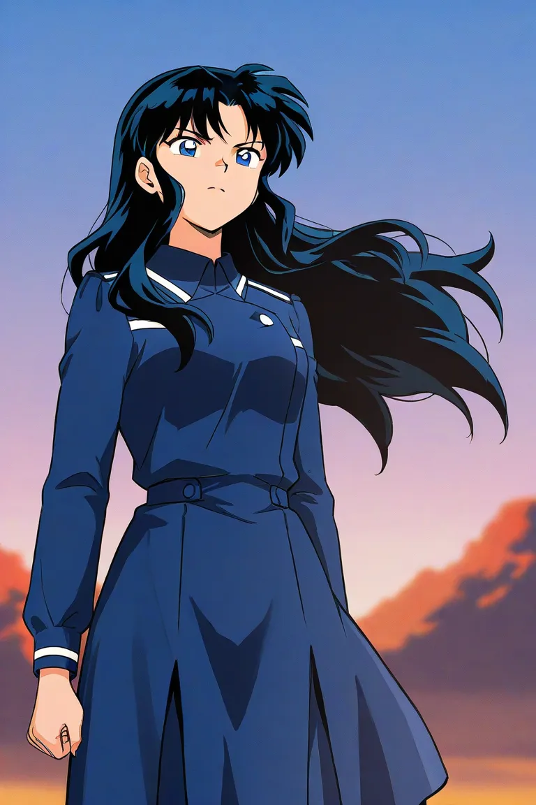 A girl that is an student. She has long wavy black hair with sky blue eyes with blue dress uniform. She is determined, confident. Kind. inuyasha manga art style.