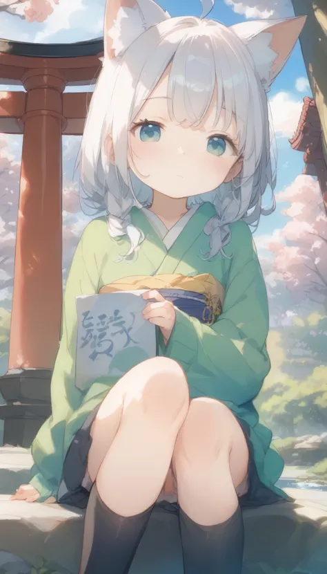 Pretty Strong Makeover 、 cute anime girl with a small face and 、 it's cute キツネの耳の女の子、 fox ears、 the royal family 、夢のように it's cute 、 it's cute 、 expressionless、 simple oversized pullover 、 black knee-high socks 、 poster style 、flat-color...