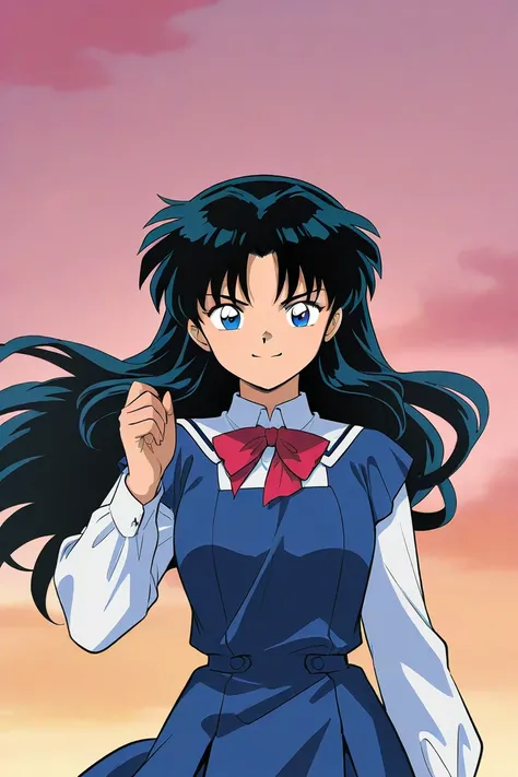 A girl that is an student. She has long wavy black hair with sky blue eyes with blue dress uniform. She is determined, confident, smiling. Kind. inuyasha manga art style.