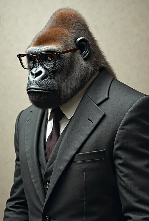 Natural gorilla wearing glasses and suit