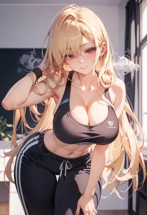 score_9, score_8_up, score_7_up, masterpiece, highest quality, very detailed, nsfw, 1 girl,
from front, ((breasts focus)),
leaning forward,
gal, long hair, blonde hair, red eyes,,
seductive smile, curvy, big breasts, cleavage,
sweatpants, sports bra,
(stea...