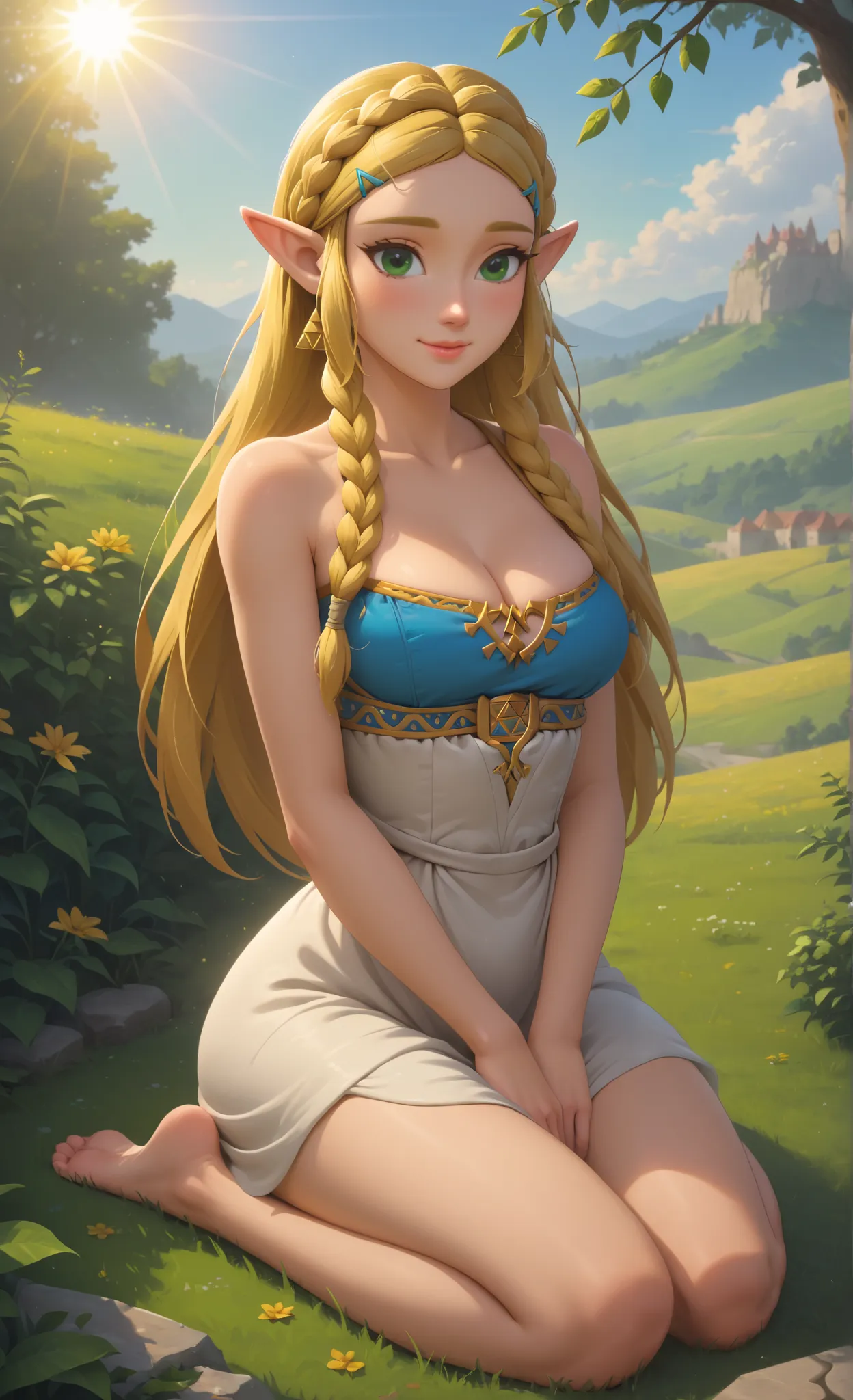 ((princess zelda)), ((botw style)), ((masterpiece)), ((high resolution)), ((solo portrait)), {(attractive figure), (slim waist), (wide hips), (beautiful legs), (pretty feet), (yellow braided hair), (pointed elf ears), (cute green eyes), (long eyelashes), (...