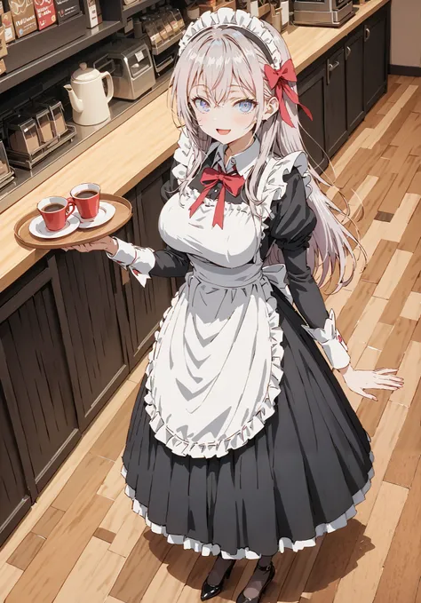  score_9,  score_8_up,  score_7_up,  source_anime,  Alisa Mikhailovna Kujo,Alone,  long hair, bangs,  blue eyes,  hair bow, stupid hair, gray hair,  red ribbon, smile,blush,open your mouth,Big Breasts,Maid服, Black long skirt, black pantyhose, stiletto heel...