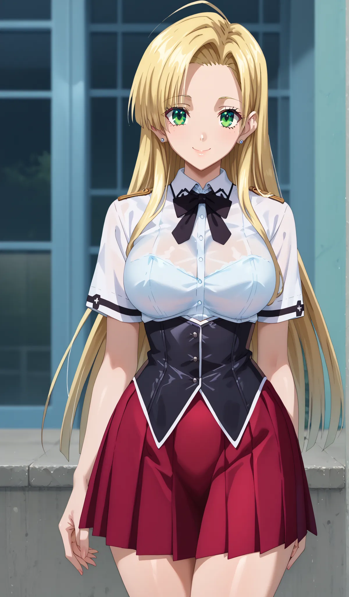 the best quality, masterpiece, 1 girl, (Alone :1.1), uniform ray tracing,  ultra detailed,titted detailed face, 8k wallpaper, wide hips,  smile, AsiaArgentonDV, 1 girl, blond hair, big breasts,  long hair,  green eyes , red skirt,  school uniform, shirt, c...