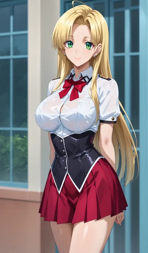 the best quality, masterpiece, 1 girl, (Alone :1.1), uniform ray tracing,  ultra detailed,titted detailed face, 8k wallpaper, wide hips,  smile, AsiaArgentonDV, 1 girl, blond hair, big breasts,  long hair,  green eyes , red skirt,  school uniform, shirt, c...