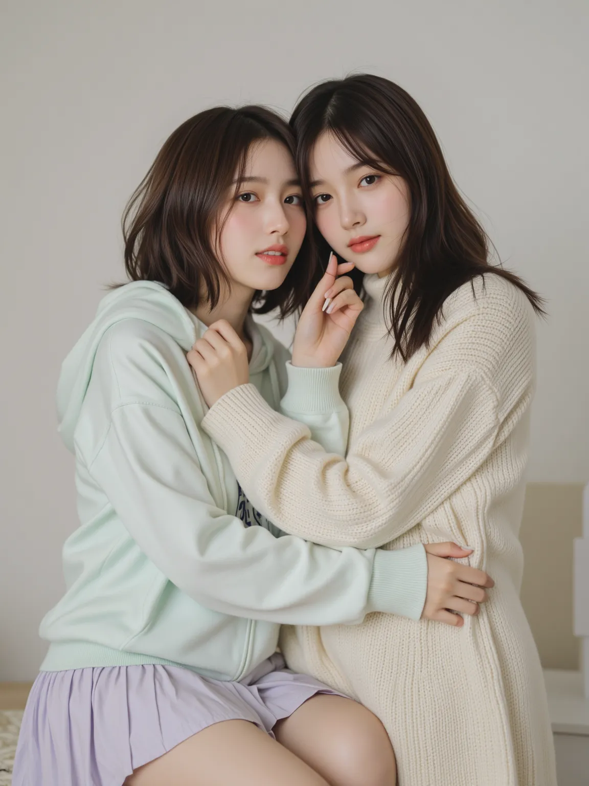 A high-resolution, hyper-realistic photograph of two age girls posing cutely for a photo shoot. One girl has a cheerful and energetic personality, with short, wavy light brown hair, big sparkling eyes, and a bright smile. She wears a casual pastel-colored ...