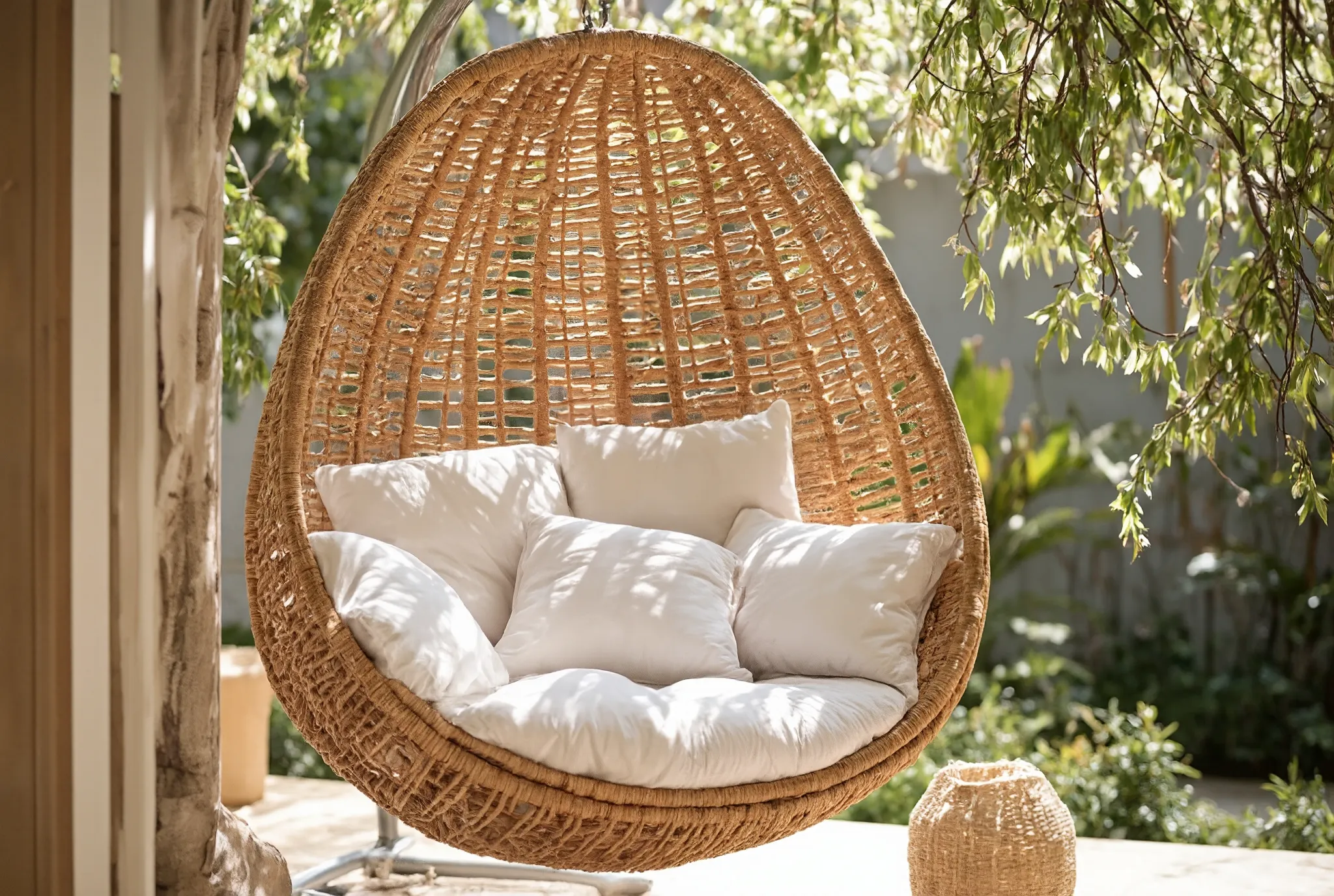 A high-resolution, hyper-realistic photograph of a large, egg-shaped hanging wicker chair, crafted from natural woven rattan. The chair features a unique, organic design, shaped like an oversized egg, with intricate rattan weaving that gives it an airy, op...