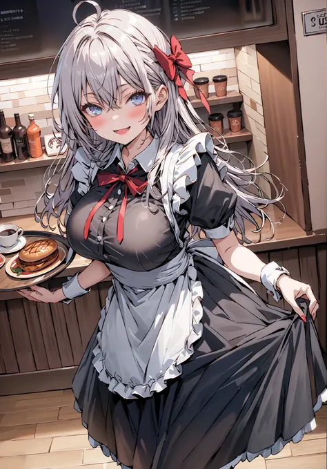 score_9, score_8_up, score_7_up, source_anime, Alisa Mikhailovna Kujo,Alone, long hair, bangs, blue eyes, hair bow, stupid hair, gray hair, red ribbon, smile,blush,open your mouth,Big Breasts,Maid服, Black long skirt, black pantyhose, stiletto heel...
