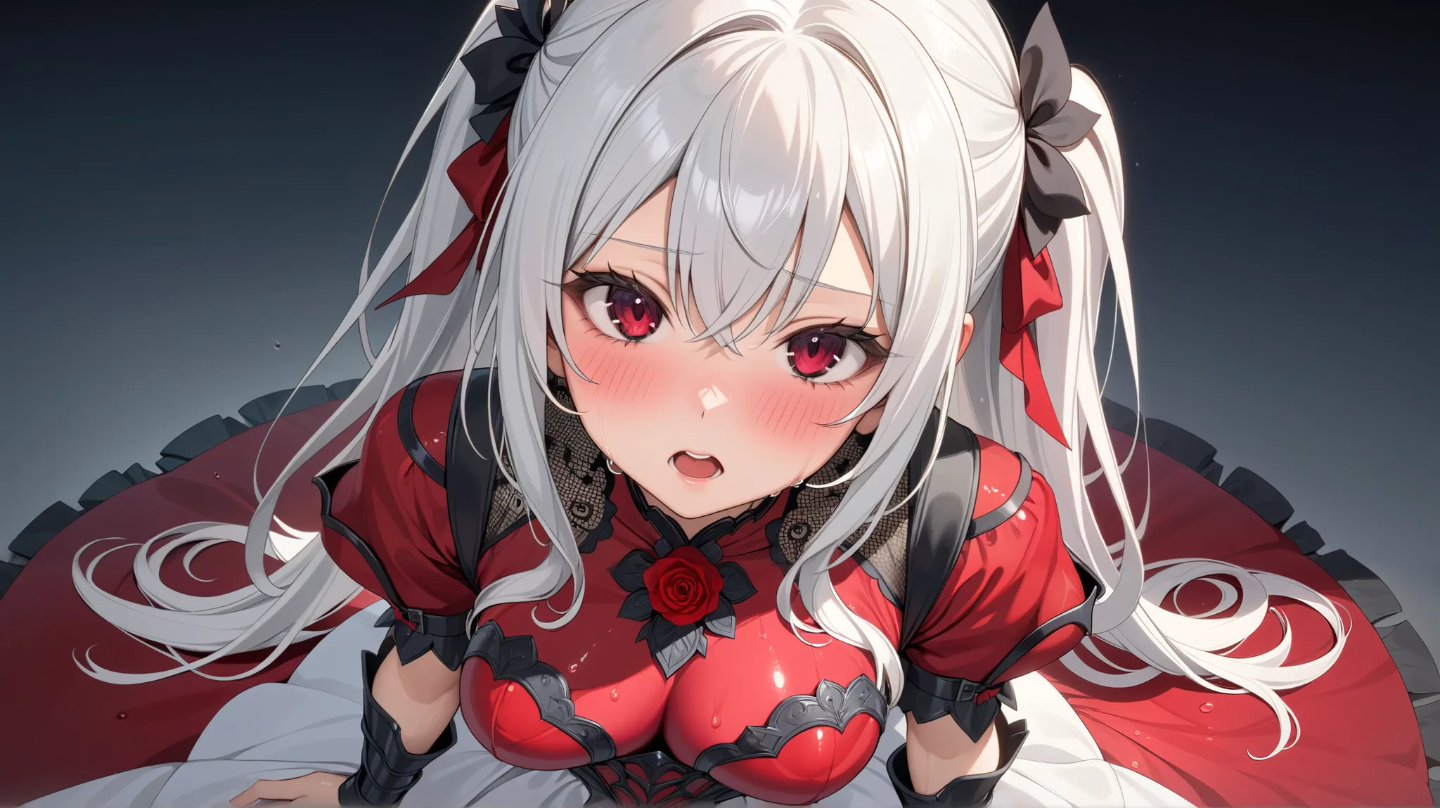 (TOP QUALITY,  masterpiece,  super precise, high definition), 8k,  Anatomically Accurate Body ,  anime girl wearing nice armor has long white hair、 wearing a nice dress, Change in dress, Nightcore, red dress,  Gothic Maiden anime girl , White-haired goddes...