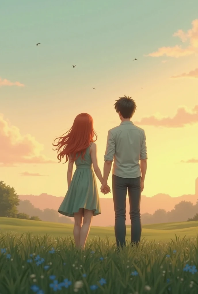 A calm and romantic landscape, with soft colors, like a warm sunset, or a green field with a clear sky and soft clouds. Alma, a 21-year-old girl with long red hair and green eyes. She is 1.50 meters tall. Jack, a 25-year-old man, is 1.98 meters tall, has s...