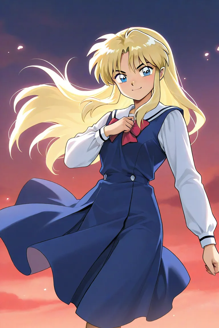 A girl that is an student. She has long light blonde hair with light blue eyes with blue dress uniform. She is determined, confident, smiling. Kind. inuyasha manga art style.