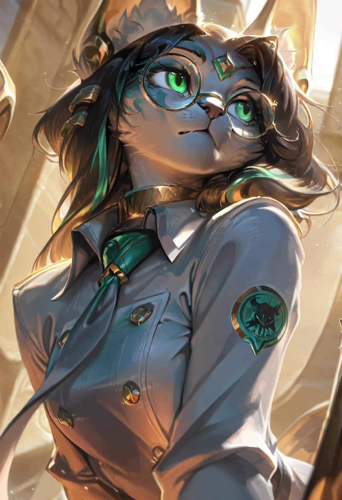 Score_9, Score_8_up, Score_7_up, Score_6_up, masterpiece, portrait, best quality, icon, upperbody, 1female, anthro, anthro sphinx, sphinx cat, green eyes, round glasses, scientist outfit, front view, L0LSPL4SH,