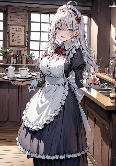 score_9, score_8_up, score_7_up, source_anime, Alisa Mikhailovna Kujo,Alone, long hair, bangs, blue eyes, stupid hair, gray hair, red ribbon, smile,blush,open your mouth,Big Breasts,Maid服, Black long skirt, black pantyhose, stiletto heels,Maid head...