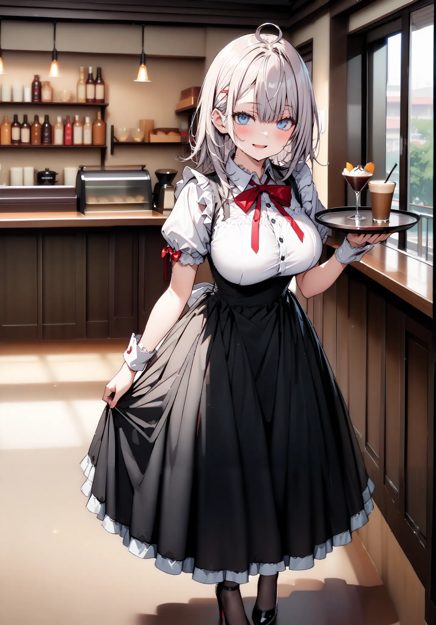  Alisa Mikhailovna Kujo,Alone,  long hair, bangs,  blue eyes,  hair bow, stupid hair, gray hair,  red ribbon, smile,blush,open your mouth,Big Breasts,Maid服, Black long skirt, black pantyhose, stiletto heels,Maid head ドレス, Maid apron, Maid Dress,Maid, Maid ...