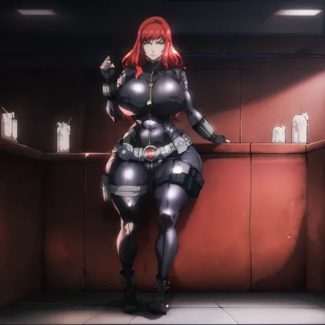 score_9, score_8_up, score_7_up, score_6_up, score_5_up, score_4_up, BREAK,1girl, BlackWidowAnime, black bodysuit, long red hair, black fingerless gloves, holster, makeup, zipper, uniform, ((huge breasts, huge butt, thick thighs, curvy hips)), full body vi...