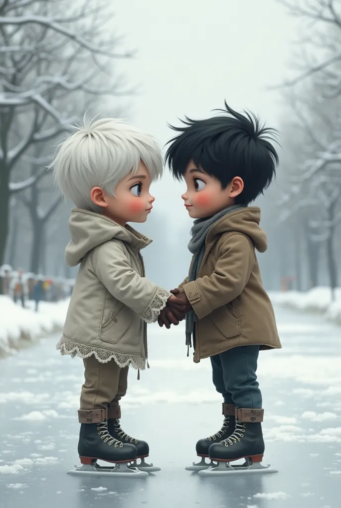 Image of a white-haired boy and another black-haired boy skating looking at each other