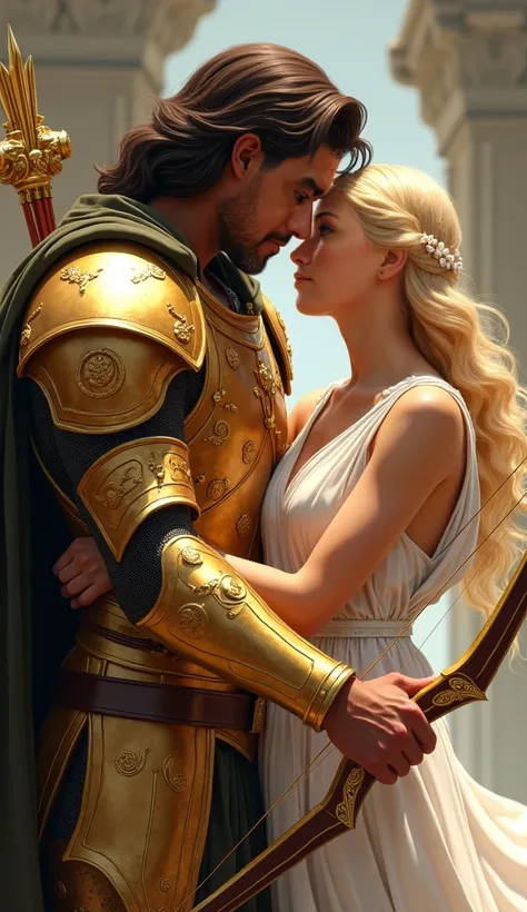 Man dressed in the sacred armor of the golden zodiac of Sagittarius wearing a white cape and holding the golden bow and flex. With a beautiful and sexy blonde woman with a beautiful face with angelic countenance in Greek costumes embracing her.  . The Armo...