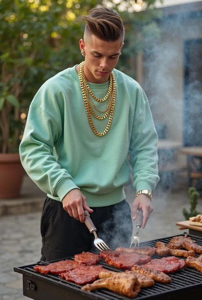 "A 20-year-old Italian young man, with brown hair and an undercut pompadour hairstyle, no tattoos and fair skin, is cooking a grill outdoors in a barbecue area, surrounded by a relaxed but energetic atmosphere. He sports a Lil Peep-inspired style, with shi...