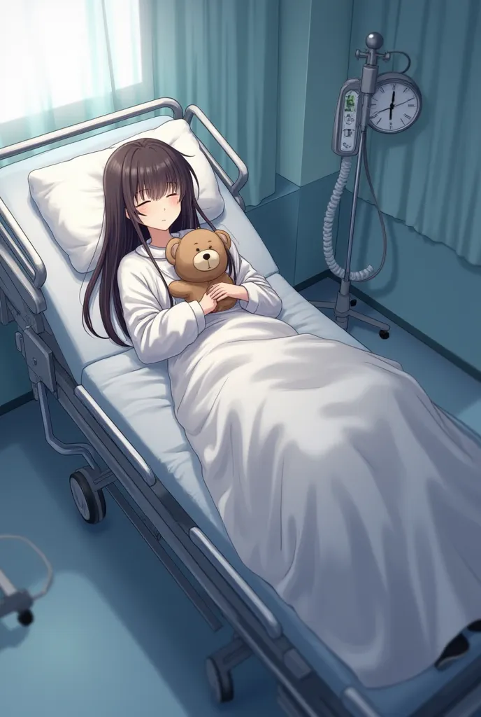  18 year old girl, white skin,  long dark brown hair , Sleeping Eyes Celeste, white flannel,  black pants, who is sick, who is lying sleeping on a hospital stretcher with a teddy bear, Environment a hospital room, anime style 