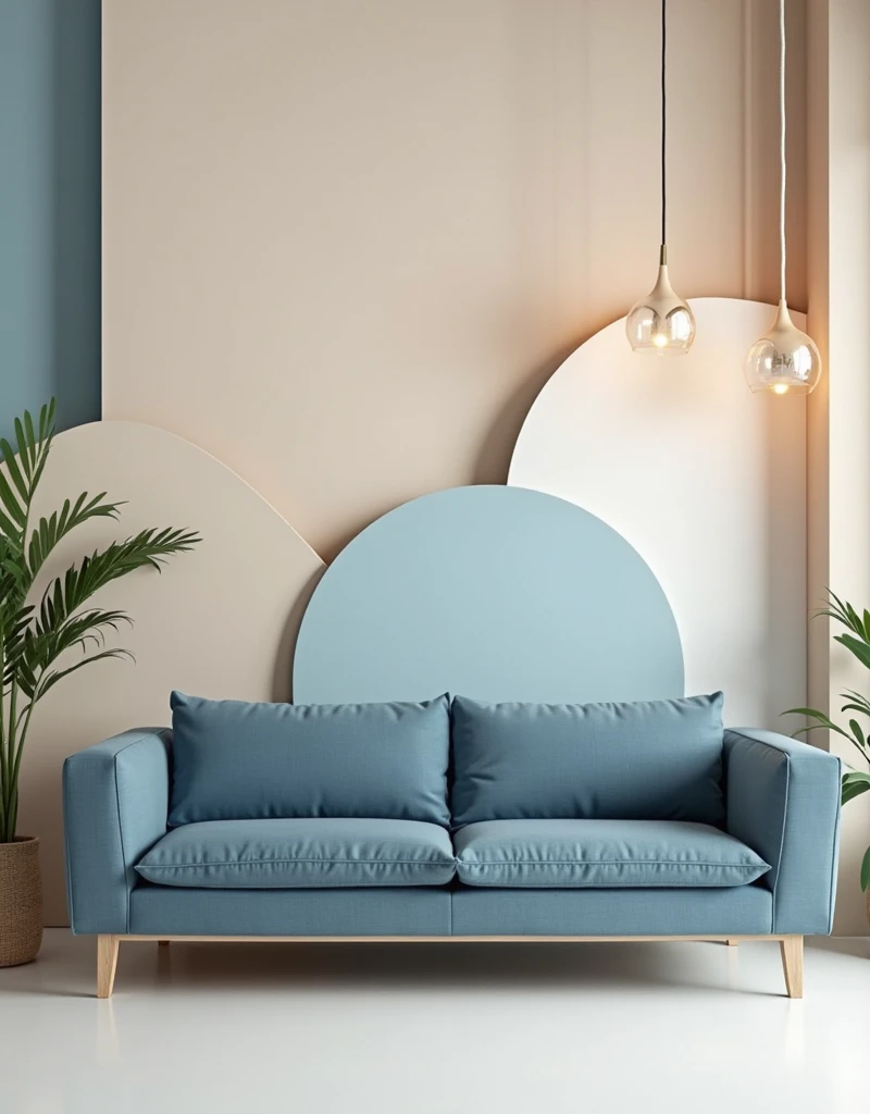 A modern, minimalist interior with a stylish blue and gray mid-century modern sofa. The background consists of geometric shapes in beige, blue, and white, creating a contemporary and artistic composition. The lighting is soft and elegant, with two sleek pe...