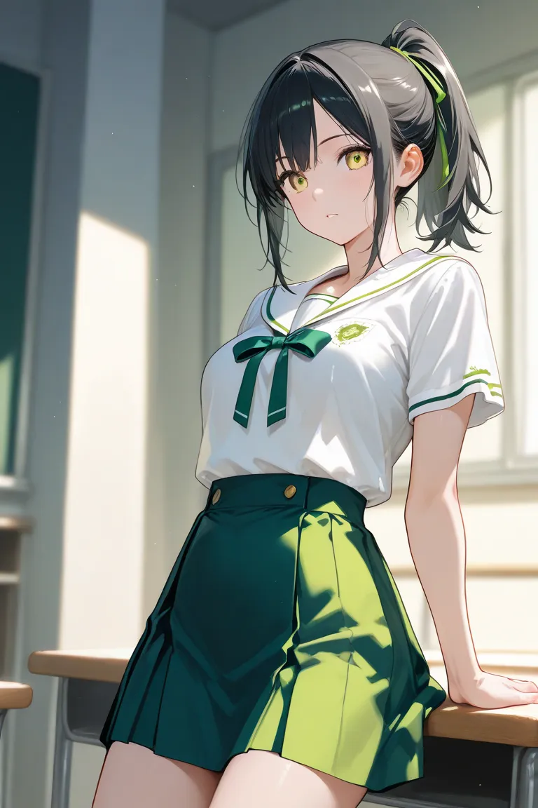 female middle school students　Standard height　 Slim　Black Haired Ponytail　Yellow-green eyes　Energetic　 cutter shirt　ribbons　miniskirt