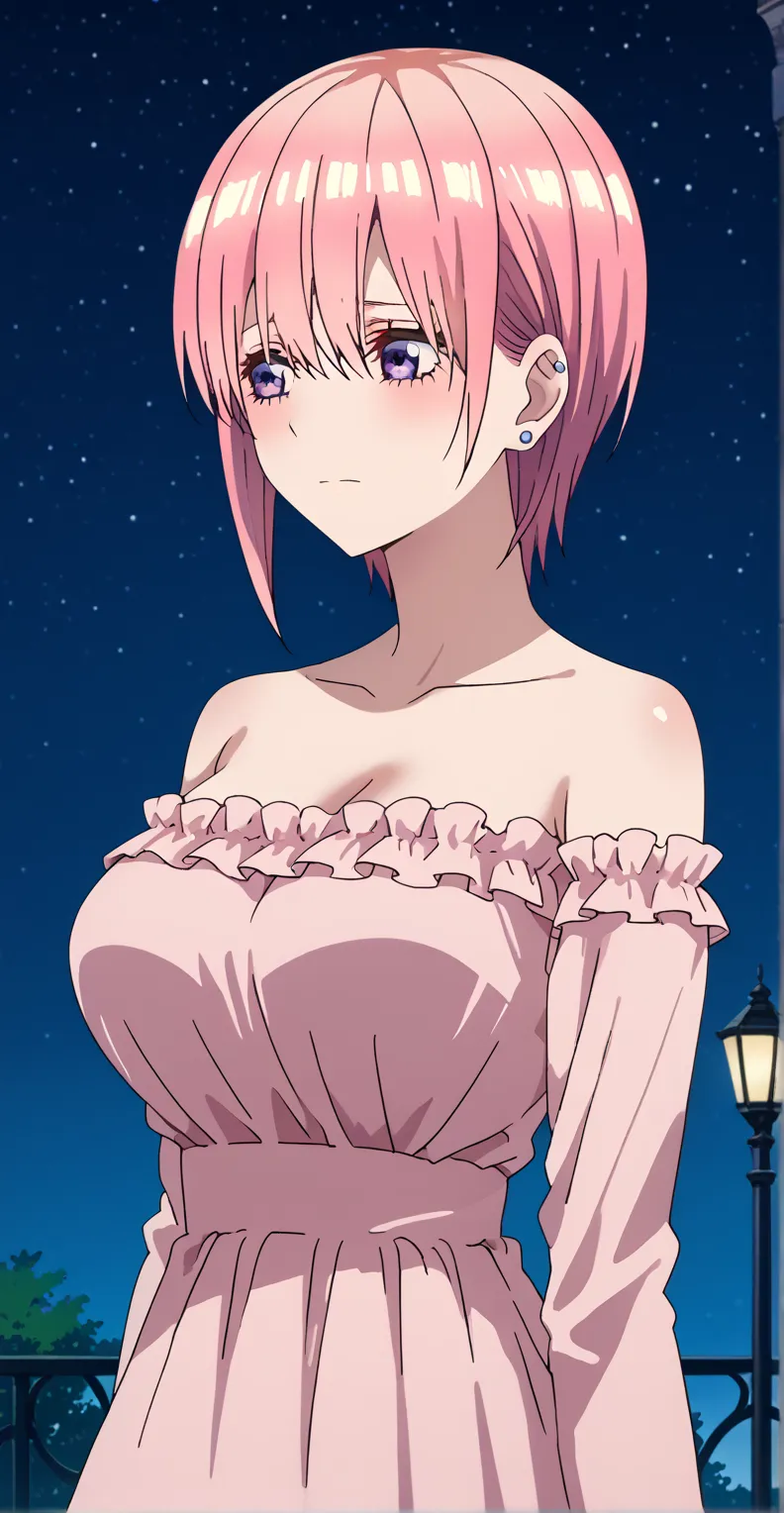 nakano ichika, pink hair, Short Hair,  purple eyes,  earrings, ear piercing, score_9, score_8_arriba, score_7_arriba,   source  _animated, masterpiece,the best quality, (masterpiece the best quality:1.2), shy, looking at spectators, delicate ultra-detailed...