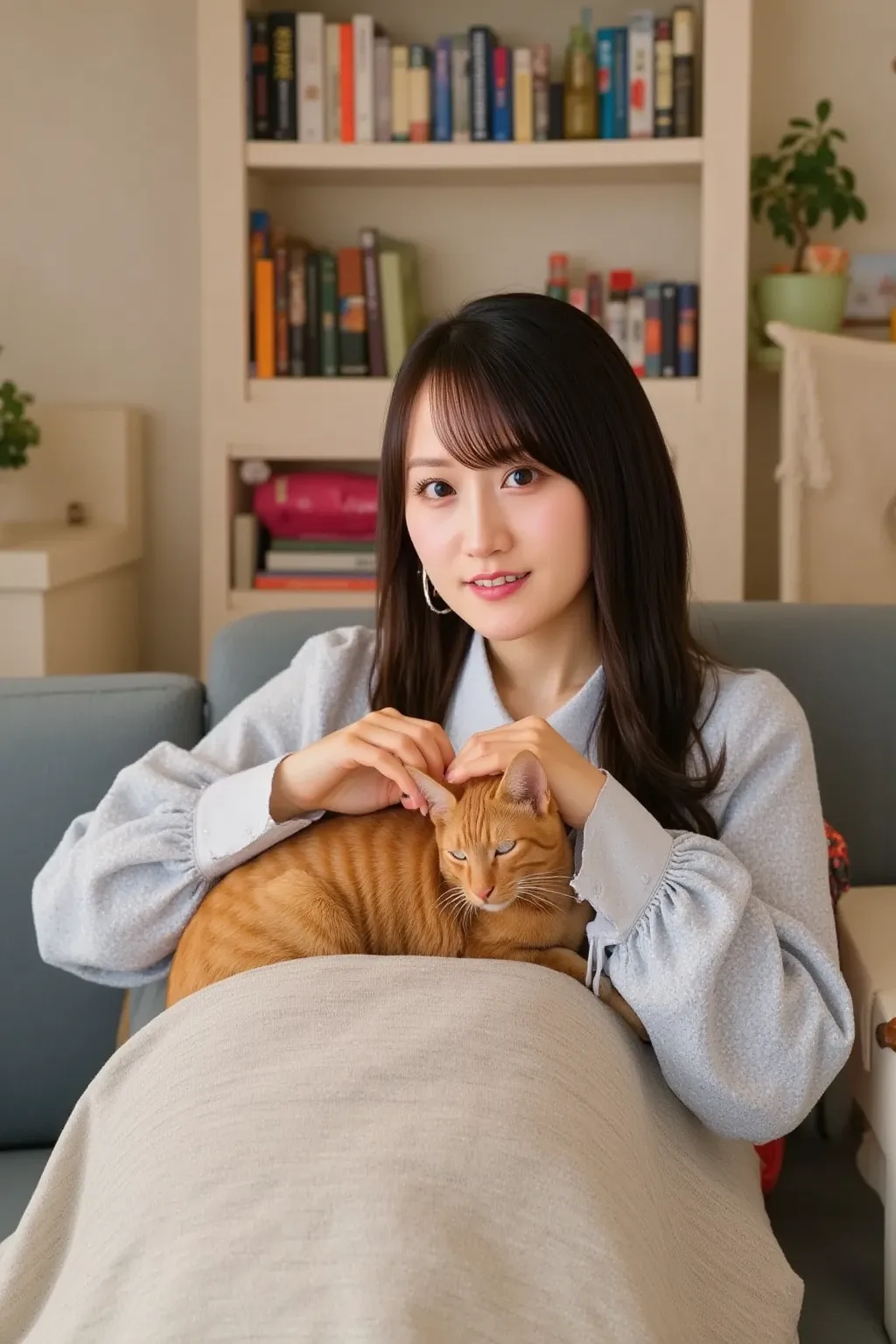 A Japanese woman sitting on a cozy sofa, covered with a soft blanket on her lap. A cat is peacefully sleeping on her lap while she gently pets it with a warm and kind smile. The room has a warm and inviting atmosphere, with soft lighting and a comfortable ...