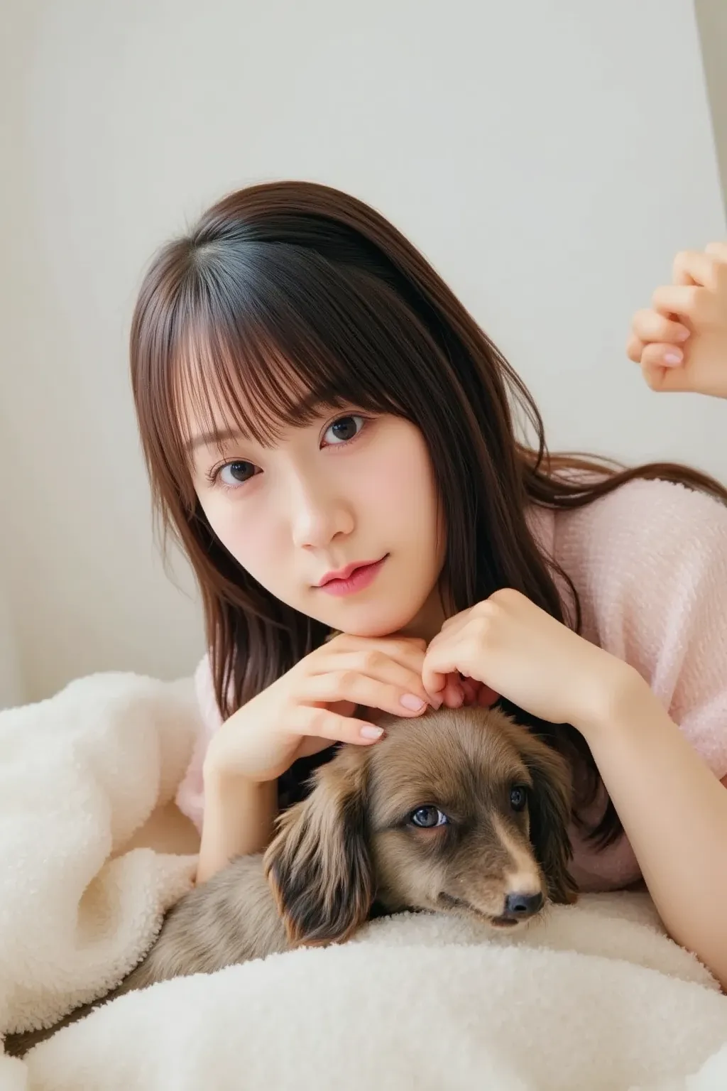 A young Japanese woman is lying on a cozy bed, gently stroking her beloved dog's head with a warm smile. Her dog, a fluffy and content companion, is peacefully sleeping beside her. The soft lighting in the room creates a serene and heartwarming atmosphere....