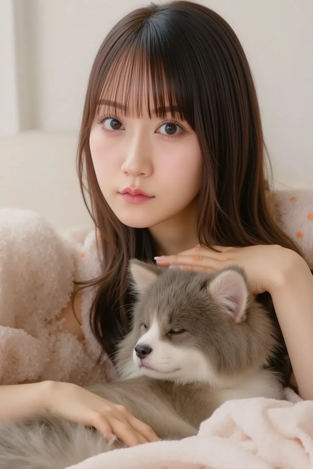 A young Japanese woman is lying on a cozy bed, gently stroking her beloved dog's head with a warm smile. Her dog, a fluffy and content companion, is peacefully sleeping beside her. The soft lighting in the room creates a serene and heartwarming atmosphere....