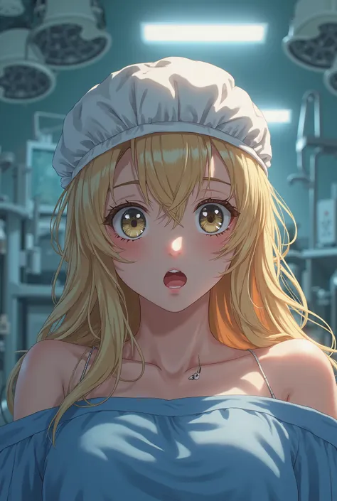 Realistic anime blonde beauty with surprised face in front of her eyes in bed .I have a body wearing a white cloth hat.Hospital operating room background