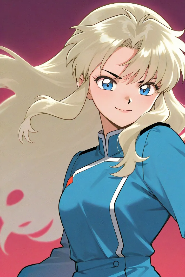 A beauty girl that is an student. She has long curly light blonde hair with light blue eyes with blue dress uniform. She is determined, confident, smiling. Kind. inuyasha manga art style.