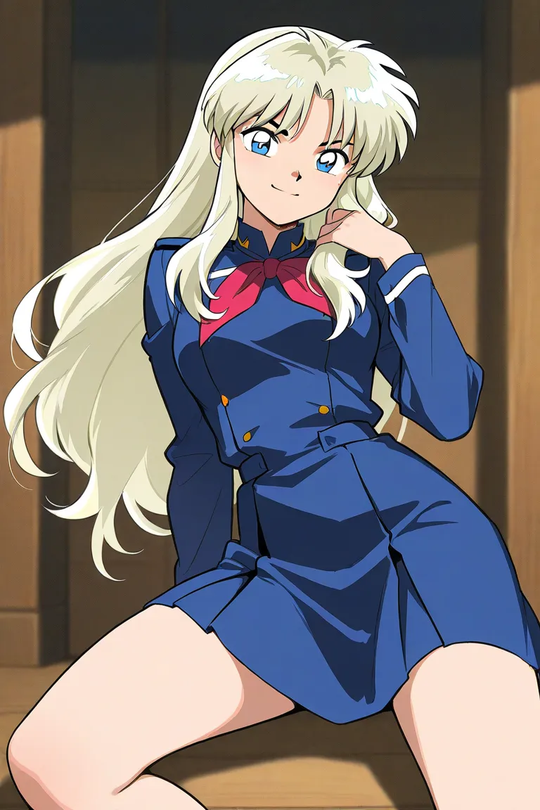 A beautiful  student. She has long curly light blonde hair with light blue eyes with blue dress uniform. She is determined, confident, smiling. Kind. inuyasha manga art style.