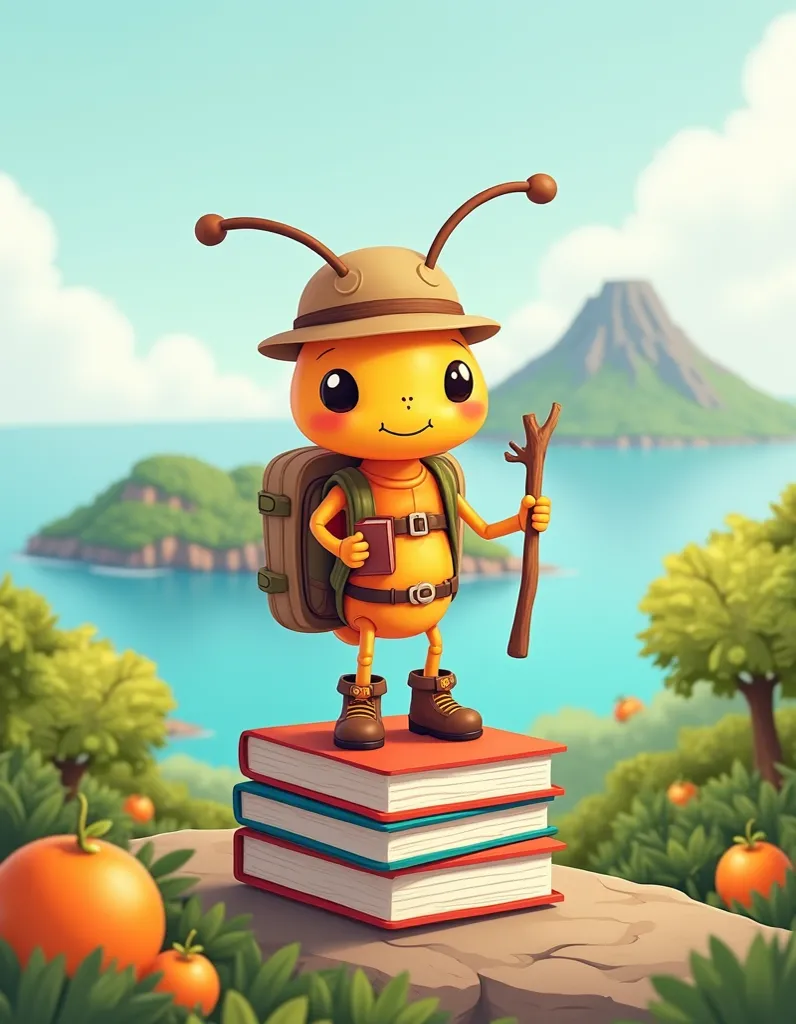 Cute cartoon ant mascot for a Jeju Island library, dressed in hiking gear for climbing Hallasan. The ant wears tiny hiking boots, a miniature backpack made from a tangerine peel, and a small hiking hat. It's holding a book in one hand and a hiking stick ma...