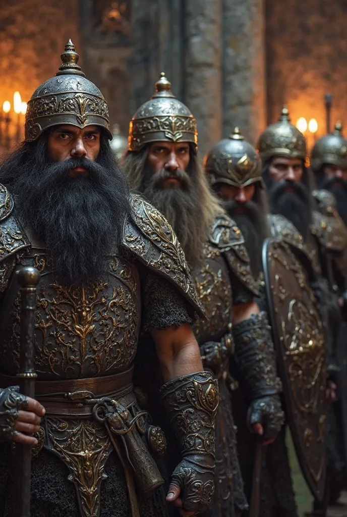 Group of dwarves, 7 dwarf lords. until:  The Lord of the Rings. Group of dwarf warriors.  The dwarf lords sport thick black beards, they are dressed in heavy battle armor, they carry heavy swords, double-edged axes, and heavy crossbows, some carry heavy dw...