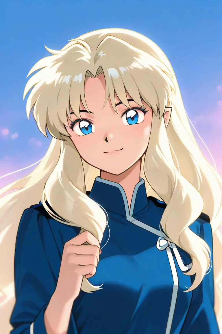 A beauty girl that is an student. She has long curly light blonde hair with light blue eyes with blue dress uniform. She is smiling. Kind. inuyasha manga art style.