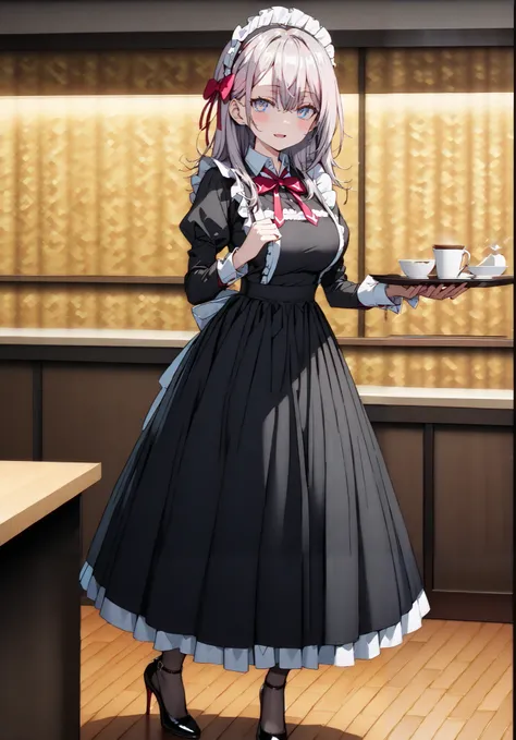  Alisa Mikhailovna Kujo,Alone,  long hair, bangs,  blue eyes,  hair bow, stupid hair, gray hair, smile,blush,open your mouth,Big Breasts,Maid服, Black long skirt, black pantyhose, stiletto heels,Maid head ドレス, Maid apron, Maid Dress,Maid, Maid outfit,Tray, ...