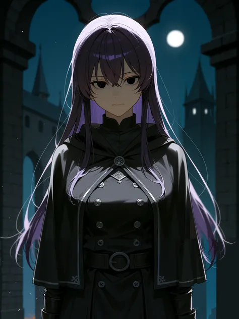   1girl , Necessary, Alone, 1,  Long hair, fringe,  dark purple hair, Hair with black highlights,  empty black eyes ,  penetrating look, look of contempt, imposure in simplicity, medieval black clothing, Simple manga outfit,  dark colors, subtle black cape...