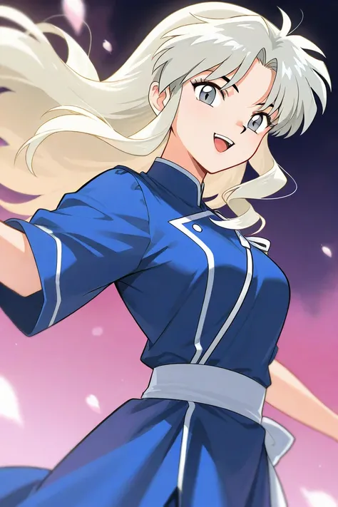 A beauty girl that is an student. She has long curly light blonde hair with light gray eyes with blue dress uniform. She is smiling. Kind. inuyasha manga art style.