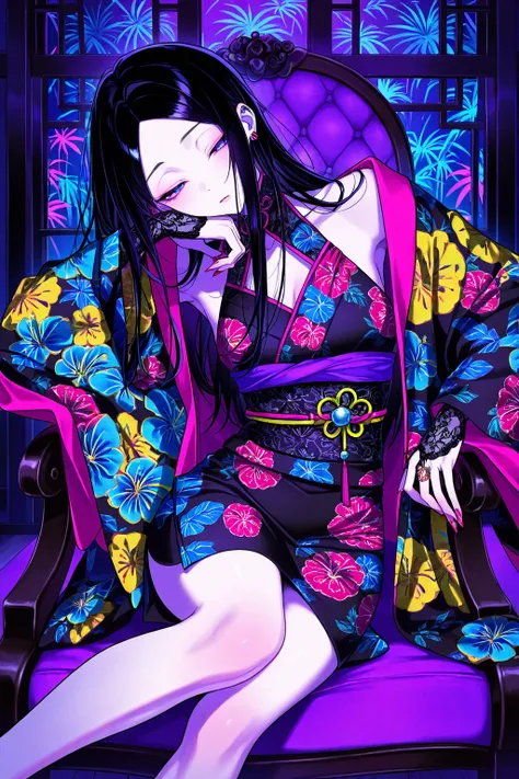 [gyaru:1.3], cool beauty, black hair, slender body, half-closed eyes, rest, Japanese exotic fashion, tropical motif room, feet out of frame, neon color,