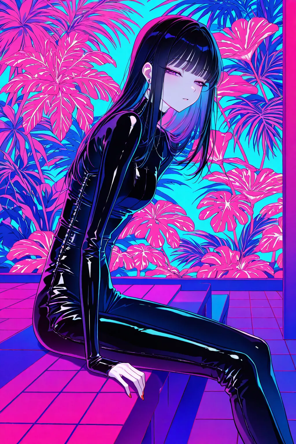 [gyaru:1.3], cool beauty, black hair, slender body, half-closed eyes, rest, Japanese exotic fashion, tropical motif room, feet out of frame, neon color,