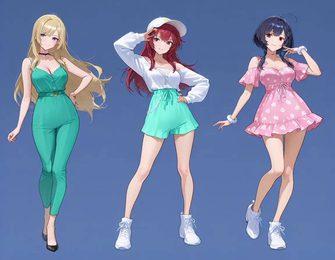 (3 adult girls), anime characters, outfit designs, diverse outfits, character design, outfit design, pose, spring outfit,
