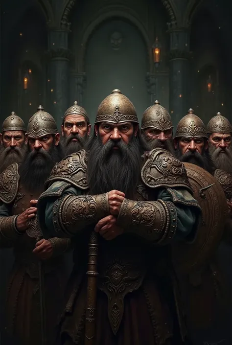 Group of dwarves, 7 dwarf lords. until: Warcraft. Group of 7 dwarf warriors arranged in a horizontal line.  The dwarf lords sport thick black beards, they are dressed in heavy battle armor, they carry short and thick swords, double-edged axes, and heavy cr...