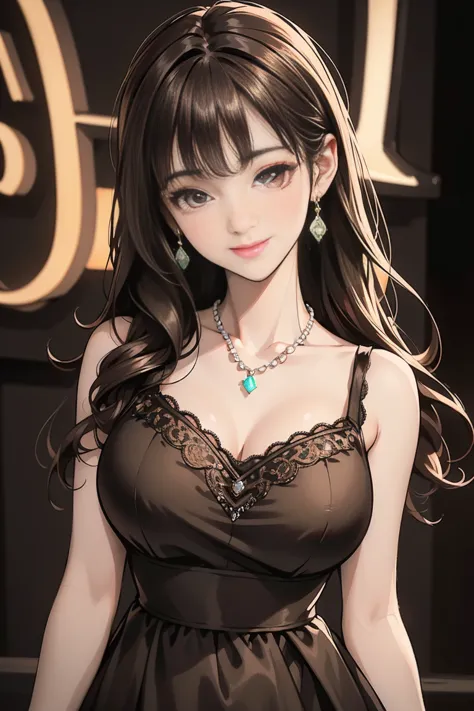 8k,  masterpiece, TOP QUALITY, realistic,  Exquisitely Drawn Face ,  in the dark ,  Deep Shadow, 1 girl, perfect style, Perfect face , (smile:1.1), ( Midnight, ( neon sign ), ( blurry background),  sex),  Beautiful Earrings  , necklace,  (brown hair),  loo...