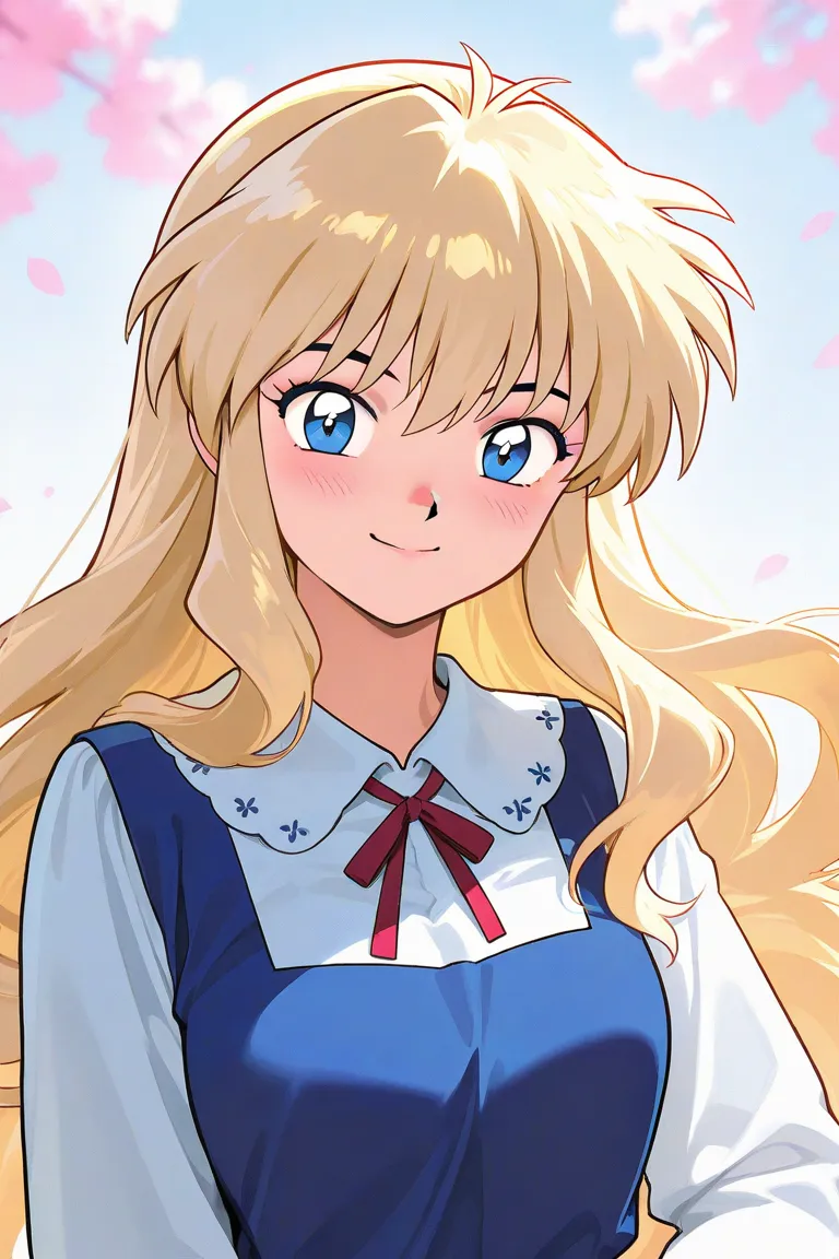 A beautiful  student. She has long curly light blonde hair with light blue eyes with blue dress uniform. She is blushing, smiling. Kind. inuyasha manga art style.