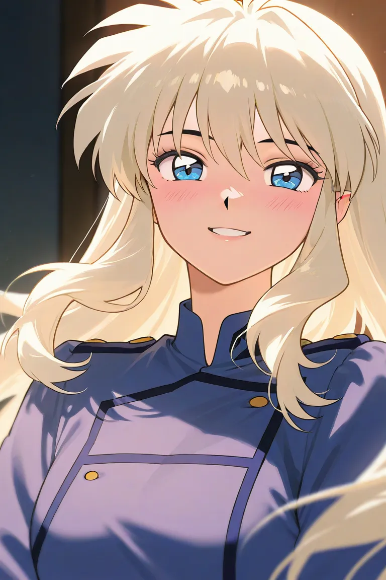 A beautiful  student. She has long curly light blonde hair with light blue eyes with blue dress uniform. She is blushing, smiling. Kind. inuyasha manga art style.