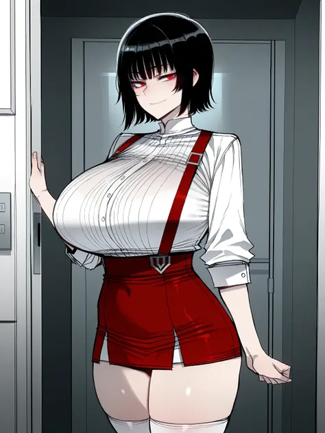 ((ratatatat74)), ((1 girl)), (), ((small height)), ((dimly lit bathroom)), black hair, short hair, straight bangs, red eyes, smile, (white shirt), white Highsocks, (red Suspender skirt), miniskirt, ((huge breasts)), sexy body, good quality, (masterpiece), ...